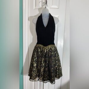 Vintage Scott McClintock Black Gold Velvet Halter Mini Dress Lace Prom 10   AA09